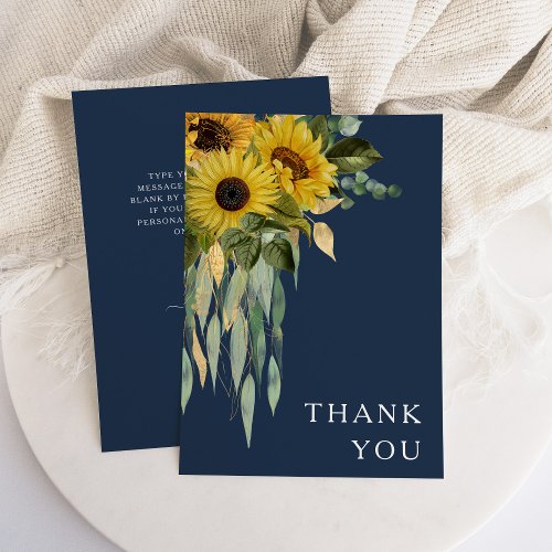 Navy Blue Floral Sunflower Eucalyptus Wedding Thank You Card