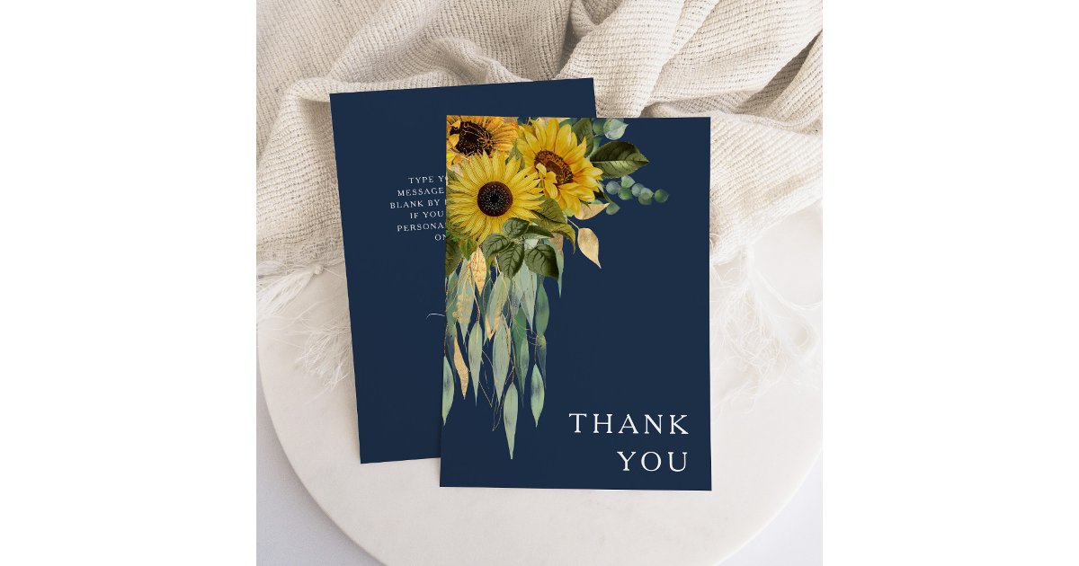 Navy Blue Floral Sunflower Eucalyptus Wedding Thank You Card | Zazzle