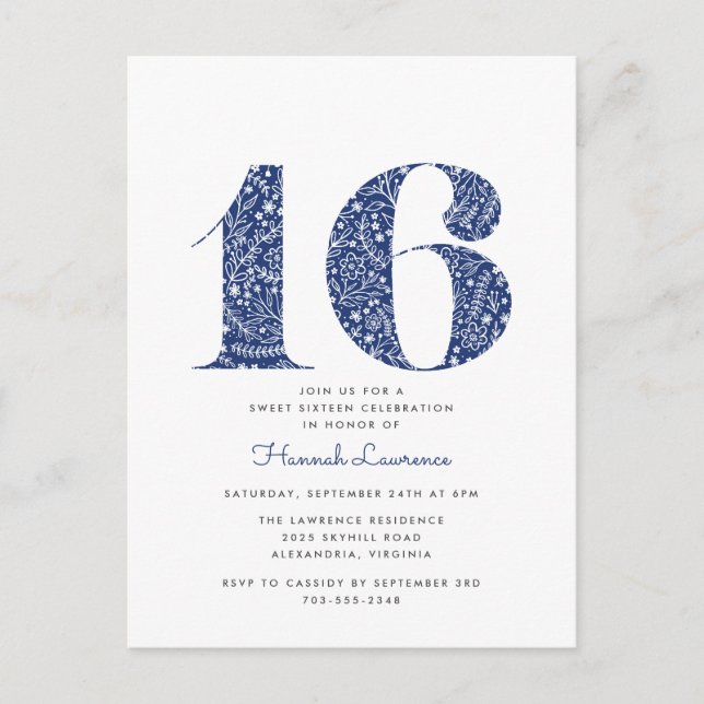 Navy Blue Floral Sweet 16 Birthday Invitation Postcard (Front)