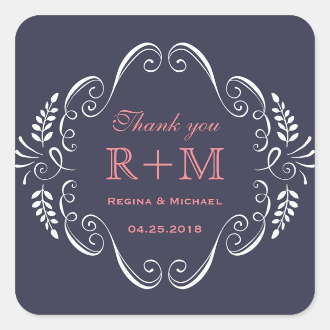 Navy Blue Floral Swirl Curl Wedding Favor Sticker (Front)