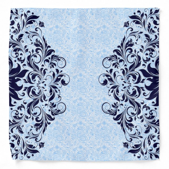 Navy Blue Floral Swirls With Baby Blue Paisley Bandana (Front)