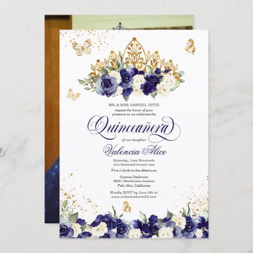 Navy Blue Floral Tiara Butterfly Photo Quinceanera Invitation
