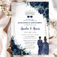 Navy Blue Floral Twins Boy Girl Silver Quinceañera