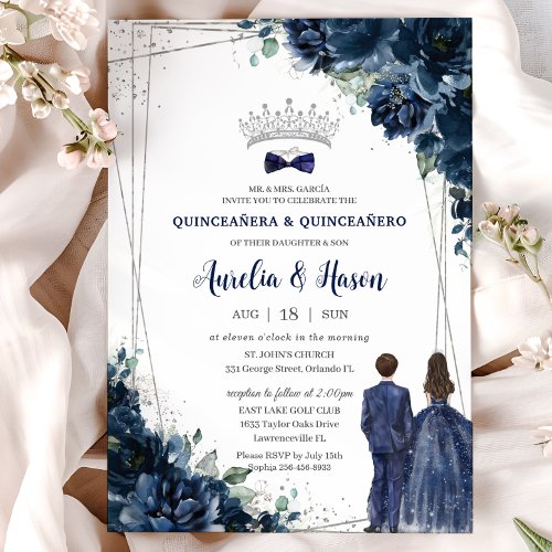 Navy Blue Floral Twins Boy Girl Silver Quinceaera Invitation