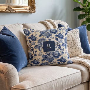Navy Blue Floral Vintage Monogram Throw Pillow