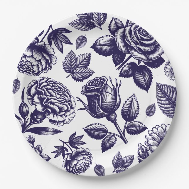 Navy Blue Floral Vintage Paper Plates (Front)