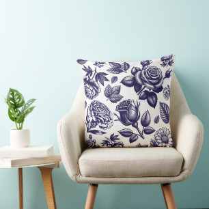 Navy Blue Floral Vintage Throw Pillow