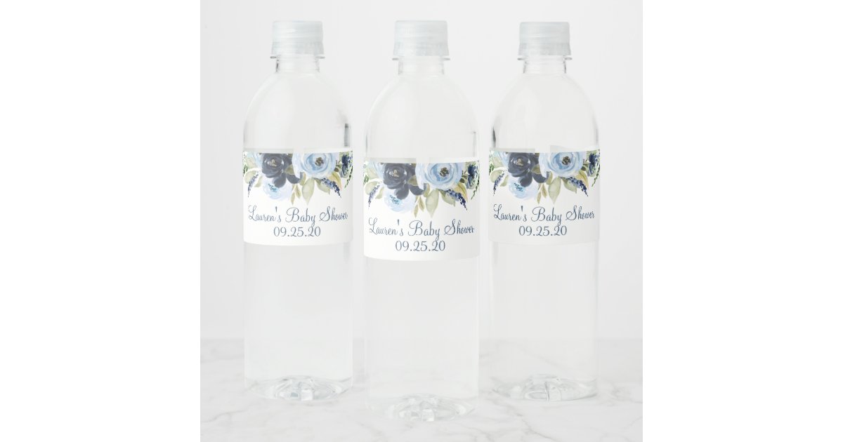 Navy blue floral water bottle label | Zazzle