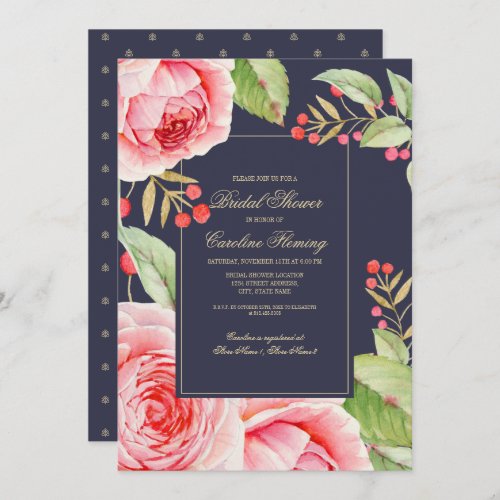 Navy Blue Floral Watercolor Bridal Shower Invitation