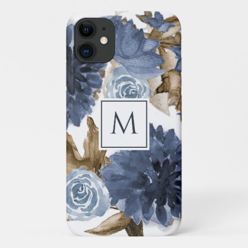 Navy Blue Floral Watercolor Brown Foliage Initial iPhone 11 Case