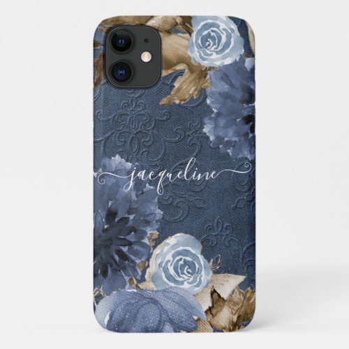 Navy Blue Floral Watercolor Brown Foliage Monogram iPhone 11 Case
