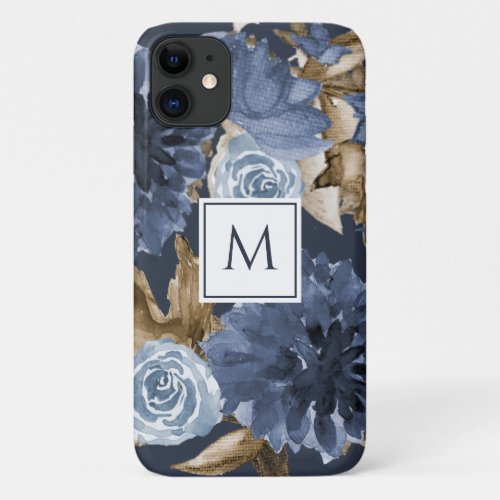 Navy Blue Floral Watercolor Dried Foliage Monogram iPhone 11 Case