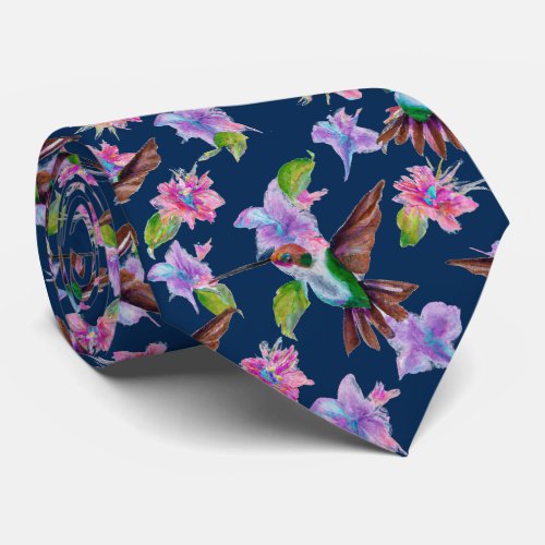 Navy Blue Floral Watercolor Hummingbird Flowers Neck Tie