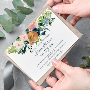 Navy blue floral watercolor monogram bridal shower invitation