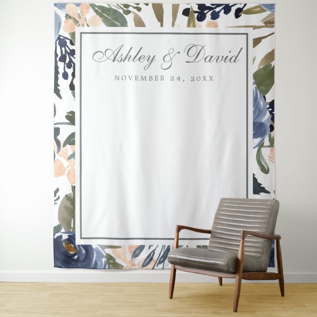 Navy Blue Floral Watercolor Photo Booth Backdrop (In Situ)