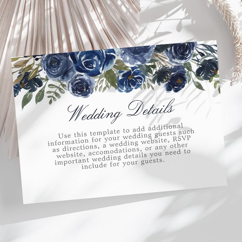 Navy Blue Floral Watercolor Wedding Details Info Enclosure Card
