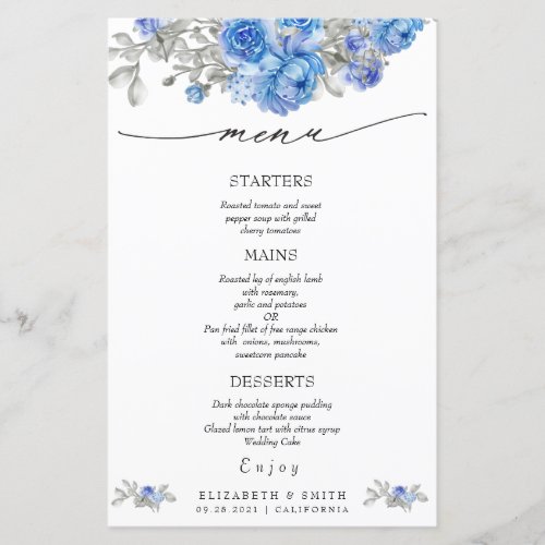 Navy Blue Floral Watercolor Wedding Menu