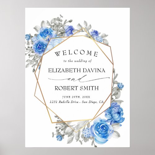 Navy Blue Floral Watercolor Wedding Poster