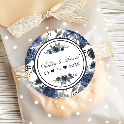 Wedding Stickers 9 Navy Blue Floral Watercolor Wedding Thank You Classic Round Sticker