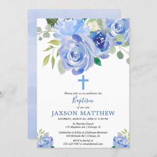 Navy blue floral watercolors baptism boy invitation