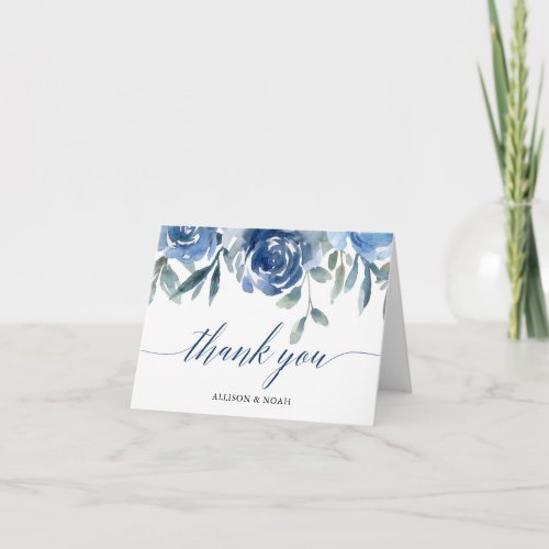 Navy blue floral watercolors elegant thank you card