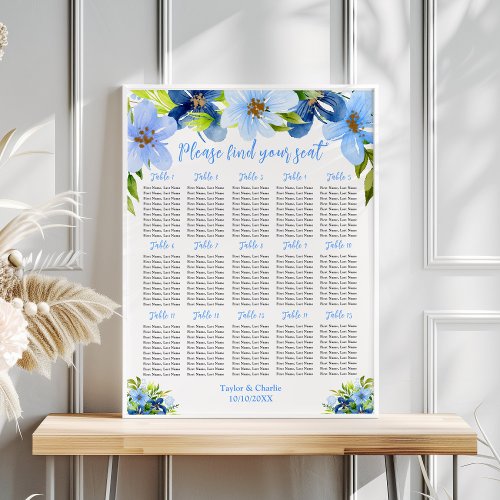 Navy Blue Floral Wedding 15 Tables Seating Chart