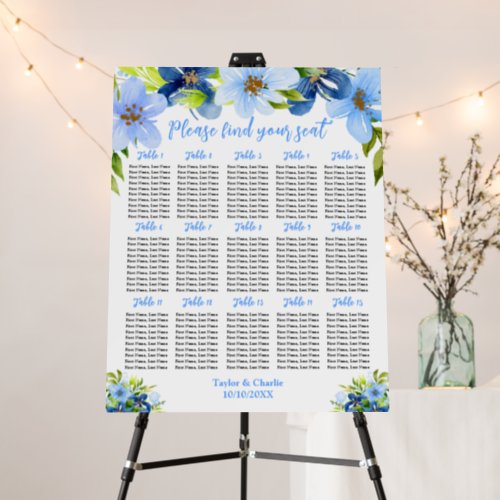 Navy Blue Floral Wedding 15 Tables Seating Chart Foam Board