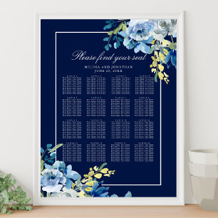 Navy Blue Floral Wedding 16 Table Seating Chart