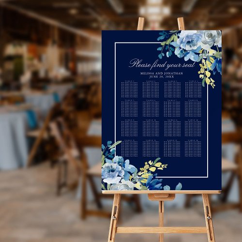 Navy Blue Floral Wedding 16 Table Seating Chart Foam Board