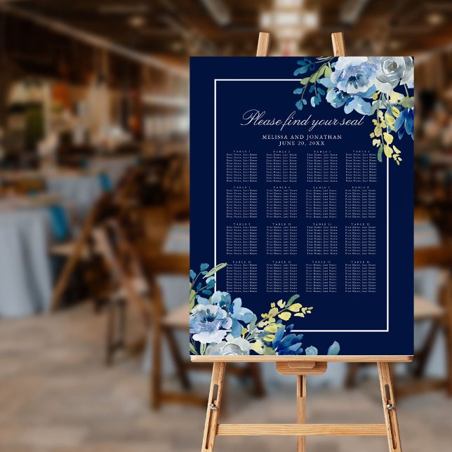 Navy Blue Floral Wedding 16 Table Seating Chart Foam Board (Creator Uploaded)