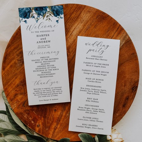 Navy Blue Floral Wedding Ceremony Program