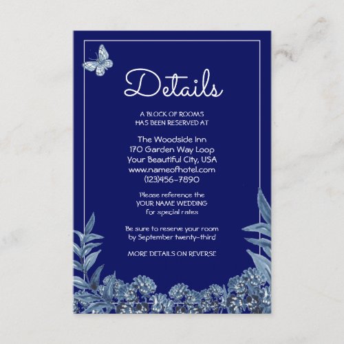Navy Blue Floral Wedding Details Accomodations Enclosure Card