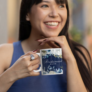 Navy Blue Floral Wedding Elegant Bridesmaid Gift Coffee Mug