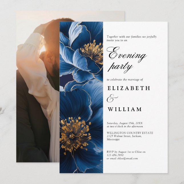 Navy Blue Floral Wedding Evening Party Photo Invitation (Front/Back)