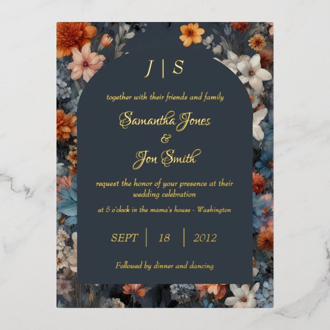 Navy blue floral wedding foil invitation postcard (Front)