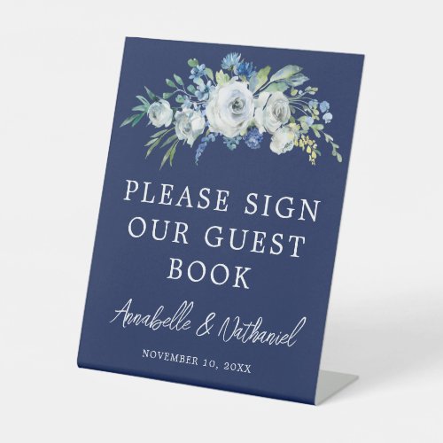Navy Blue Floral Wedding Guest Book Pedestal Sign