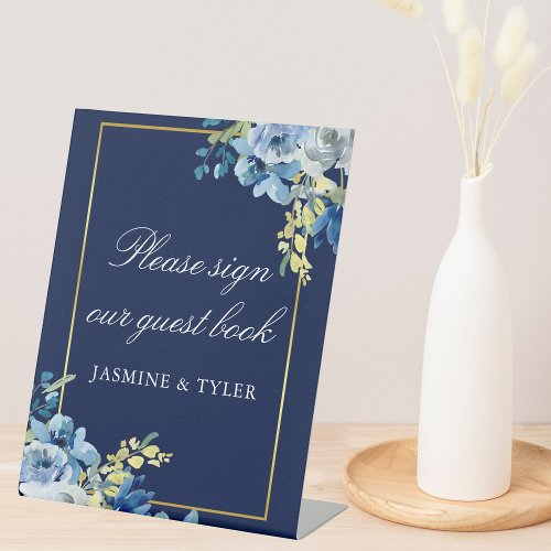 Navy Blue Floral Wedding Guest Book Pedestal Sign