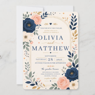 Navy Blue Floral Wedding Invitation