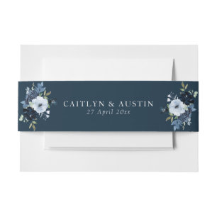 Navy Blue floral wedding invitation belly band