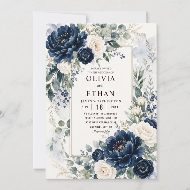 Navy Blue Floral Wedding Invitation Elegant Frame (Front)
