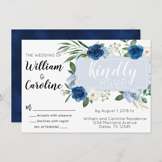 Navy Blue Floral Wedding Invitation Invite (Front/Back)