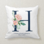 Navy Blue Floral Wedding Monogram Pillow | H<br><div class="desc">This navy blue floral monogram is perfect as a wedding gift or anniversary gift. Simply edit your details to personalize this design. The monogram is word art and not editable. Please look in my shop for the monogram you need if you stumbled across this by accident.</div>