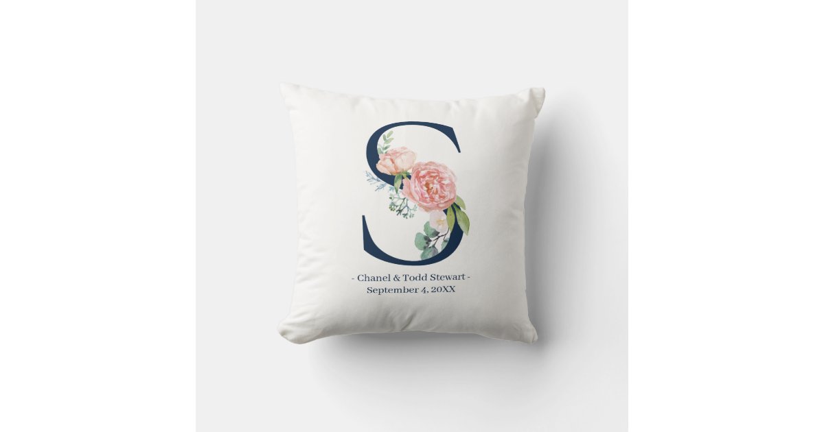 Navy Blue Floral Wedding Monogram Pillow, S
