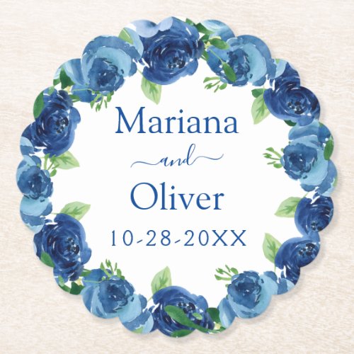 Navy Blue Floral Wedding Paper Coaster