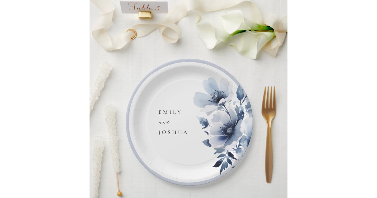 Navy Blue Floral Wedding Paper Plates | Zazzle