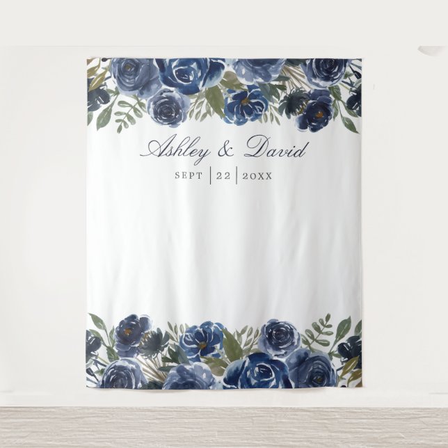 Navy Blue Floral Wedding Photo Booth Backdrop (Front)