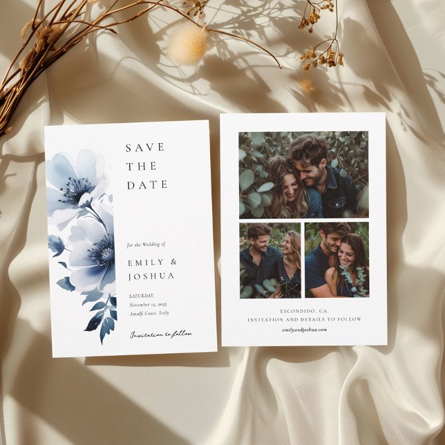 Navy Blue Floral Wedding Photo Save The Date (Creator Uploaded)