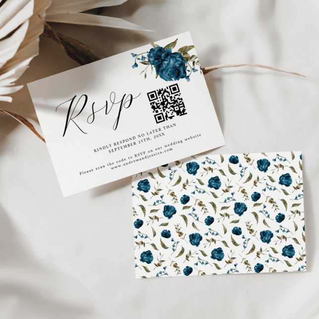 Navy Blue Floral Wedding QR Code RSVP Card (Creator Uploaded)