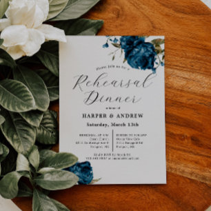 Navy Blue Floral Wedding Rehearsal Dinner Invitation