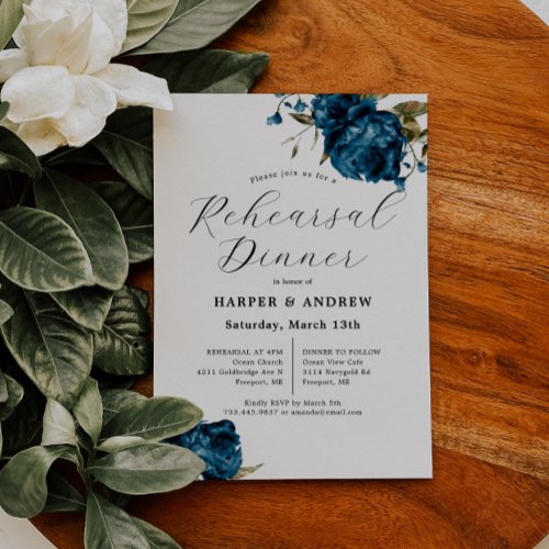 Navy Blue Floral Wedding Rehearsal Dinner  Invitation